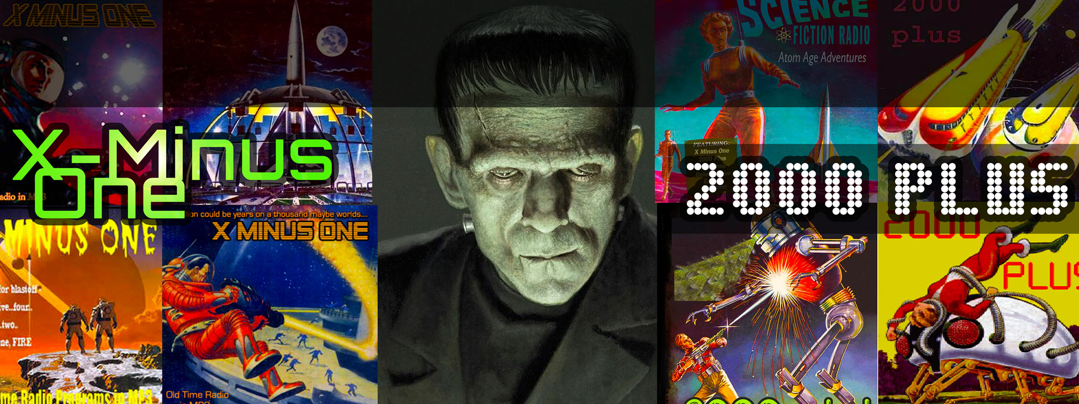 Science Fiction banner with photo of Frankenstein's monster and various sci-fi images