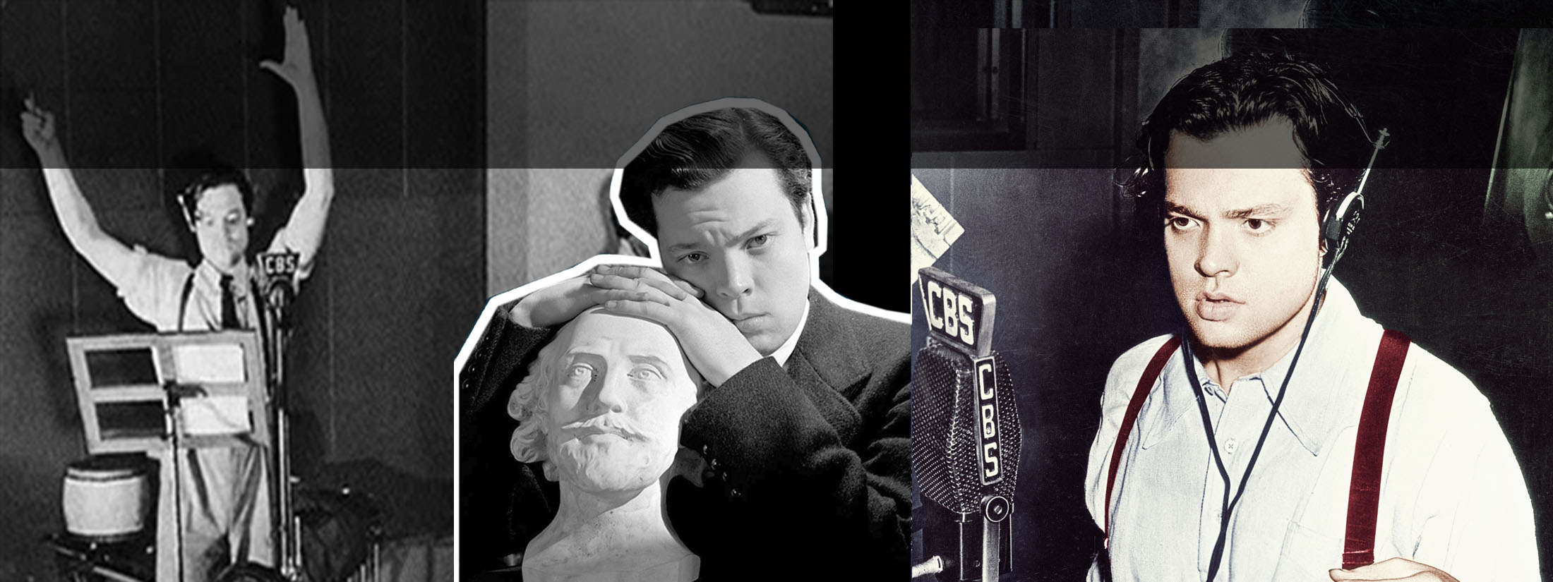 Collage of Orson Welles photos from his early radio days