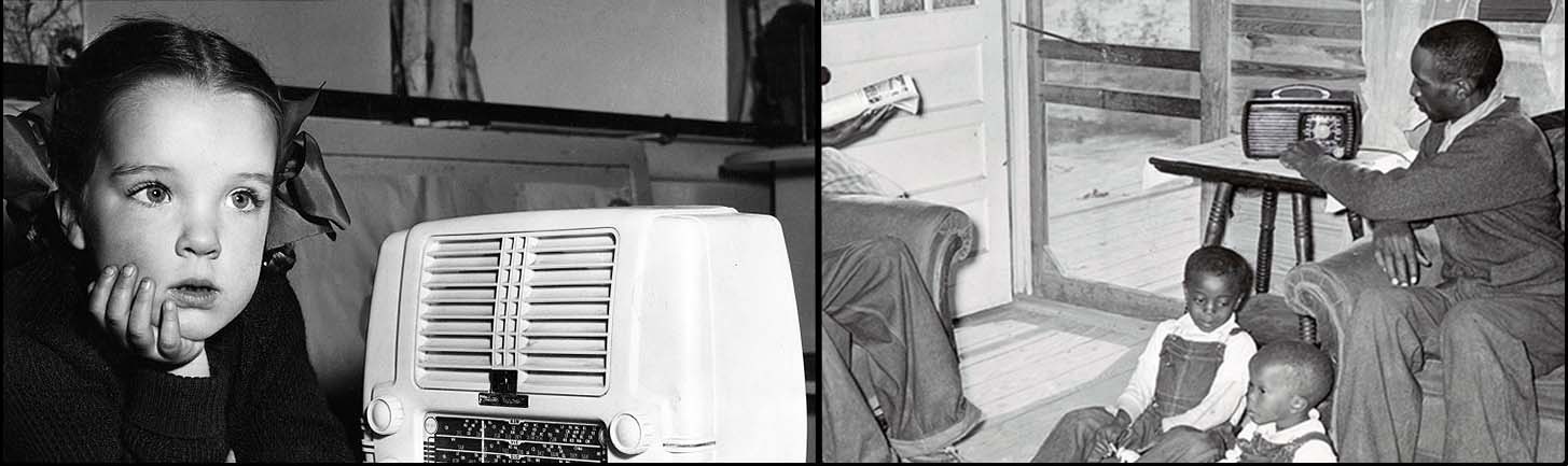 Two photos from the 1940's. One with a small caucasian girl listening to a white radio. One photo with an African American family in a cabin listening to their radio.